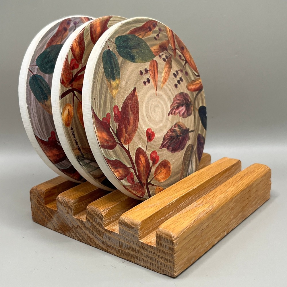 Tennessee Wood Crafters Solid Oak Holder Julie Ingleman Fall Leaf Coasters Set